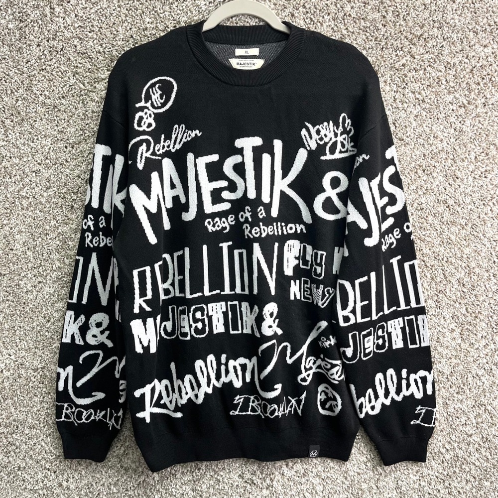 Majestik Sweater Men's XL Black Graffiti Rage of a Rebellion Crewneck Pullover